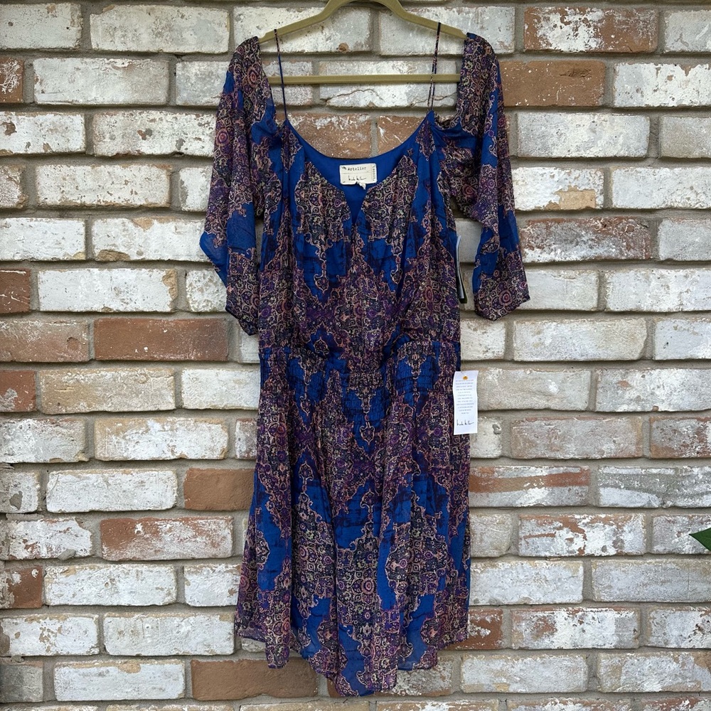 Nicole Miller Artelier Elegant Blue and Purple Peasant Patterned Dress